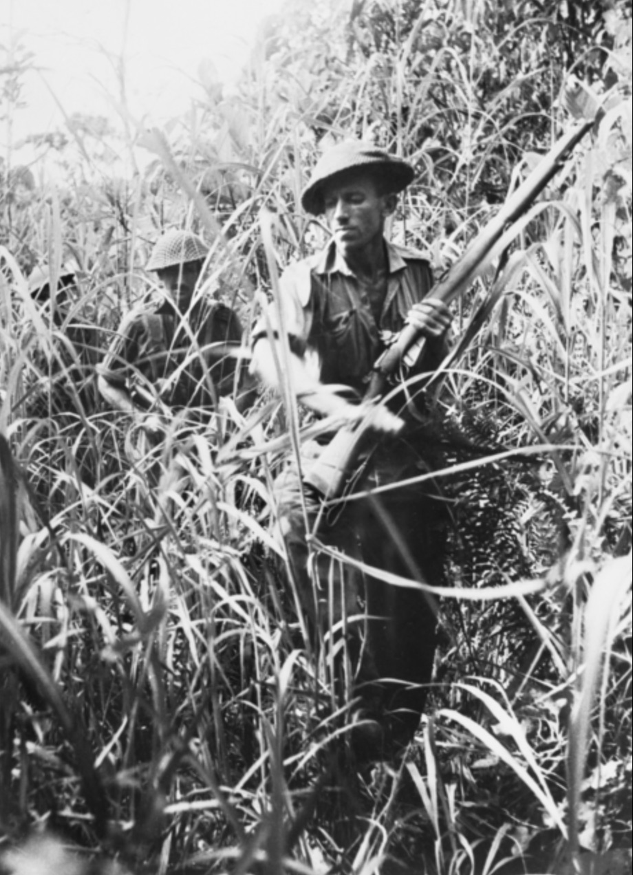 A patrol pushes its way through thick kunai grass.